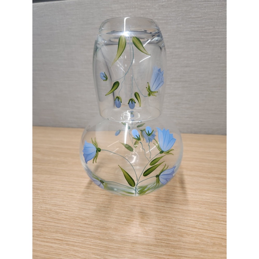 Hand Painted Blue Floral Clear Glass Tumble Up Bedside Water Carafe Made Hungary